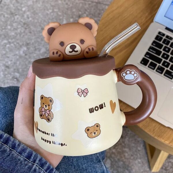 Cute Bear-Themed Ceramic Mug with Lid and Glass Straw